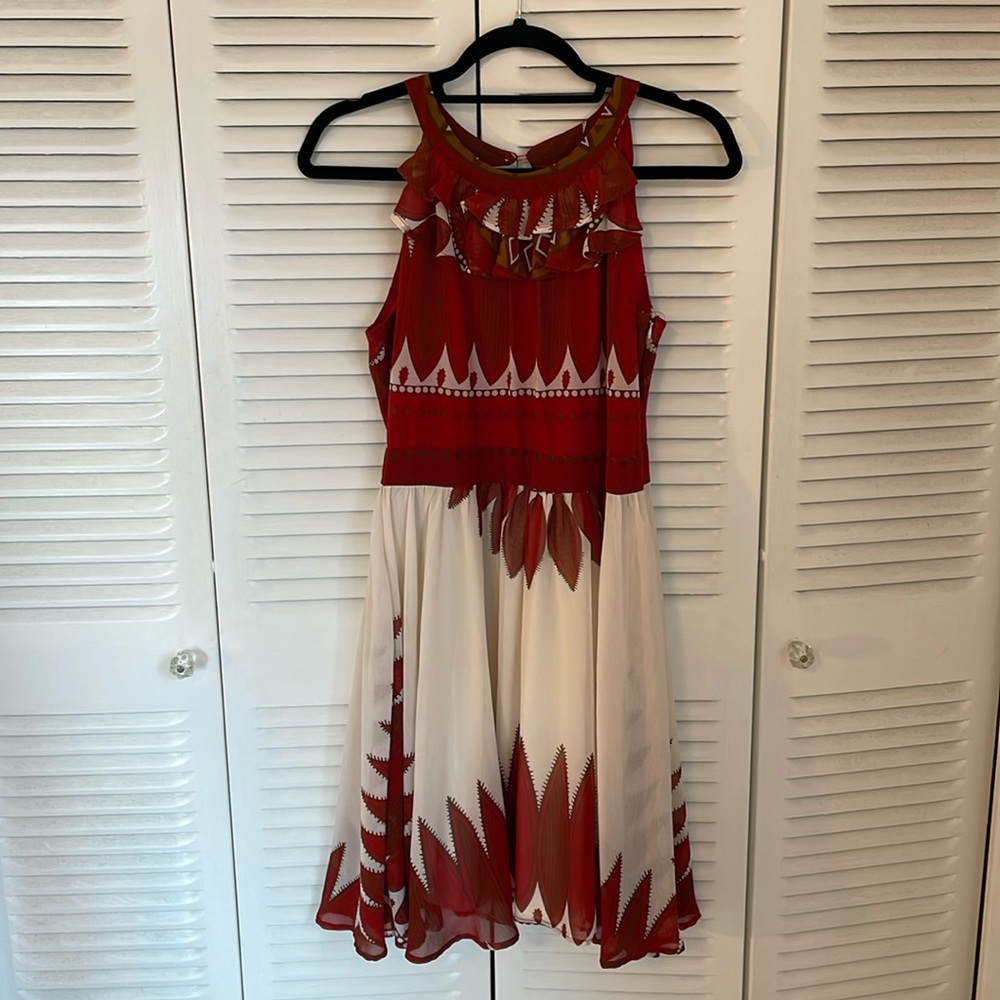 Large Rust/Red/Cream Francesca’s High Neck Open Back Mini Swing Dress